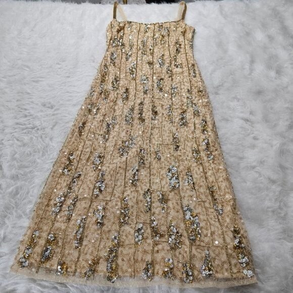 MAC DUGGAL Square Neck Golden Striped Sequin Sleeveless Midi Dress 8 - Picture 4 of 12